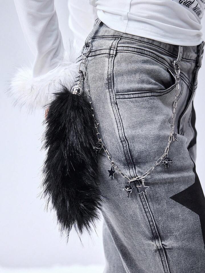 1pc Y2K Punk Goth Aesthetic Silver Hollow Chain Star Liquid Crystal Rhinestone Heart Pendant, Fluffy Faux Fur Wolf/Fox Tail Clip On For Women, Suitable For Daily Wear, Holiday Gift