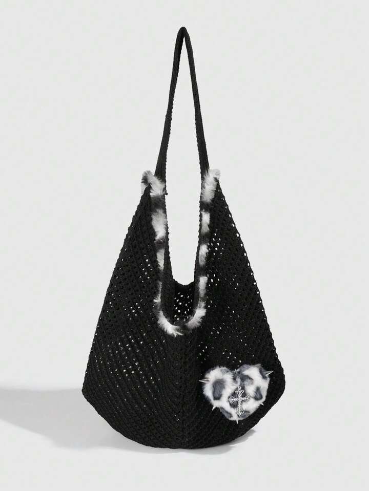 Fairycore 1pc Sweet And Cool Black And White Leopard Print Punk Rivet Heart Decoration Single Shoulder Bag, A Collegiate Autumn And Winter Women's Knitted Bag, Daily Travel Match