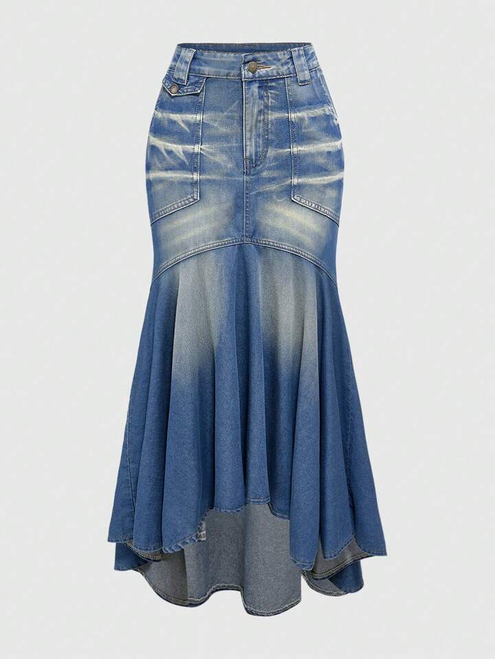 Kawaii Vintage Y2K Distressed Denim Maxi Skirt