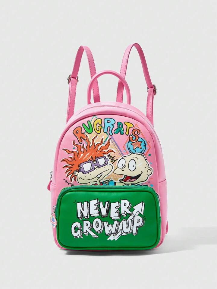 Nick 90's X ROMWE Fashionable Casual Contrast Color Cartoon Pattern Backpack, Back To School Essentials, Preppy Backpack For School