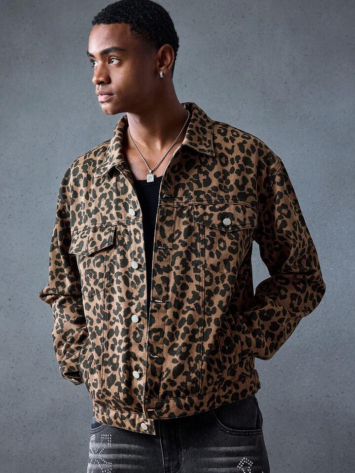 Street Life Men's Leopard Print Single-Breasted Casual Denim Long Sleeve Jacket