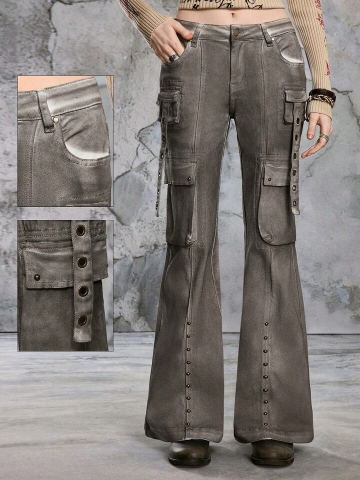 EDITION Y2K Retro Low Waist Flare Leg Slim Fit Women Cargo Jeans