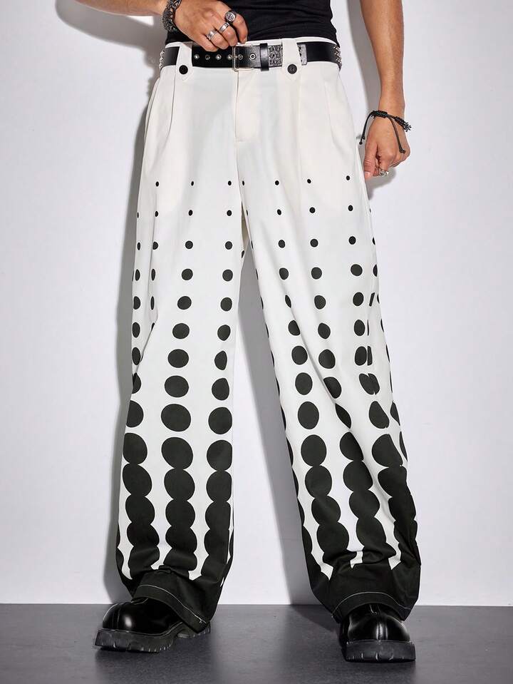 Men's Polka Dot Pattern Wide Leg Loose Casual Pants With Pockets