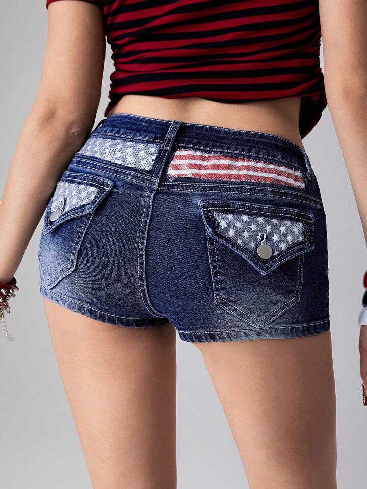 J-Fashion Avant Y2K Vintage Street Style Low Waist Fitted Distressed Women's Denim Shorts With American Flag And Embroidered Graphic