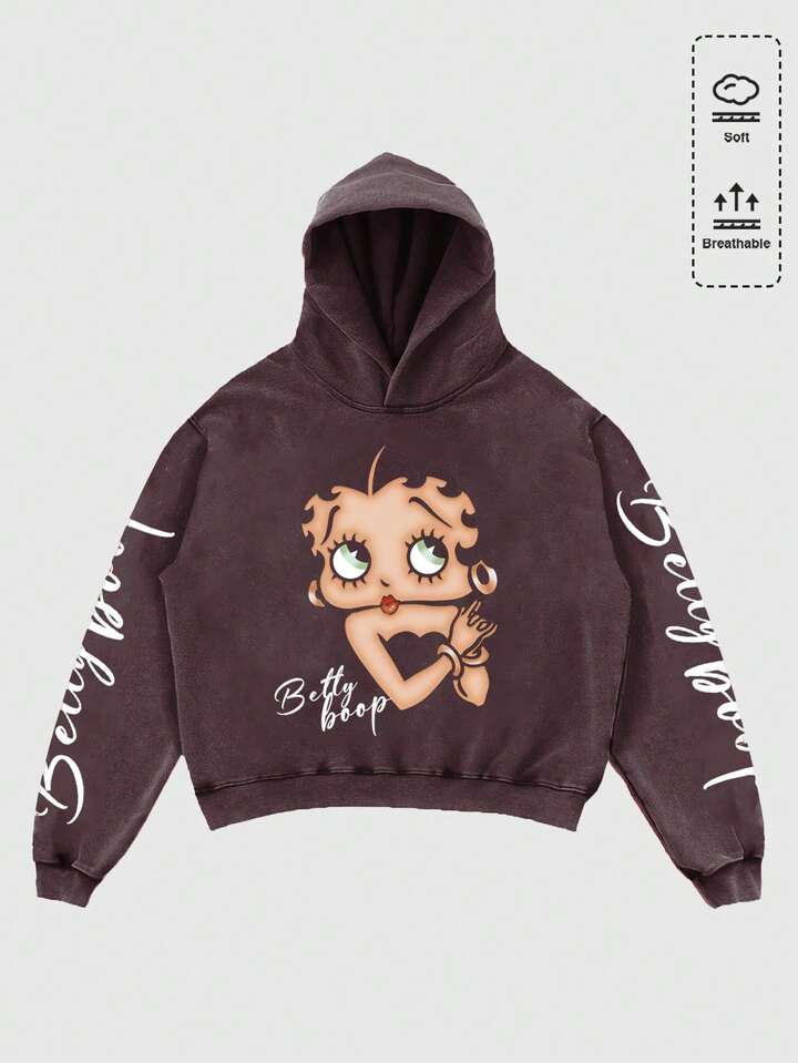 Betty Boop | ROMWE Men's Washed Letter & Figure Graphic Loose Fit Hoodie