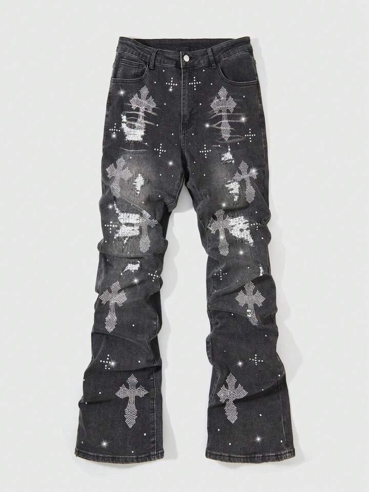 Street Life Men's Fashionable Vintage Cross Rhinestone Distressed Denim Jeans