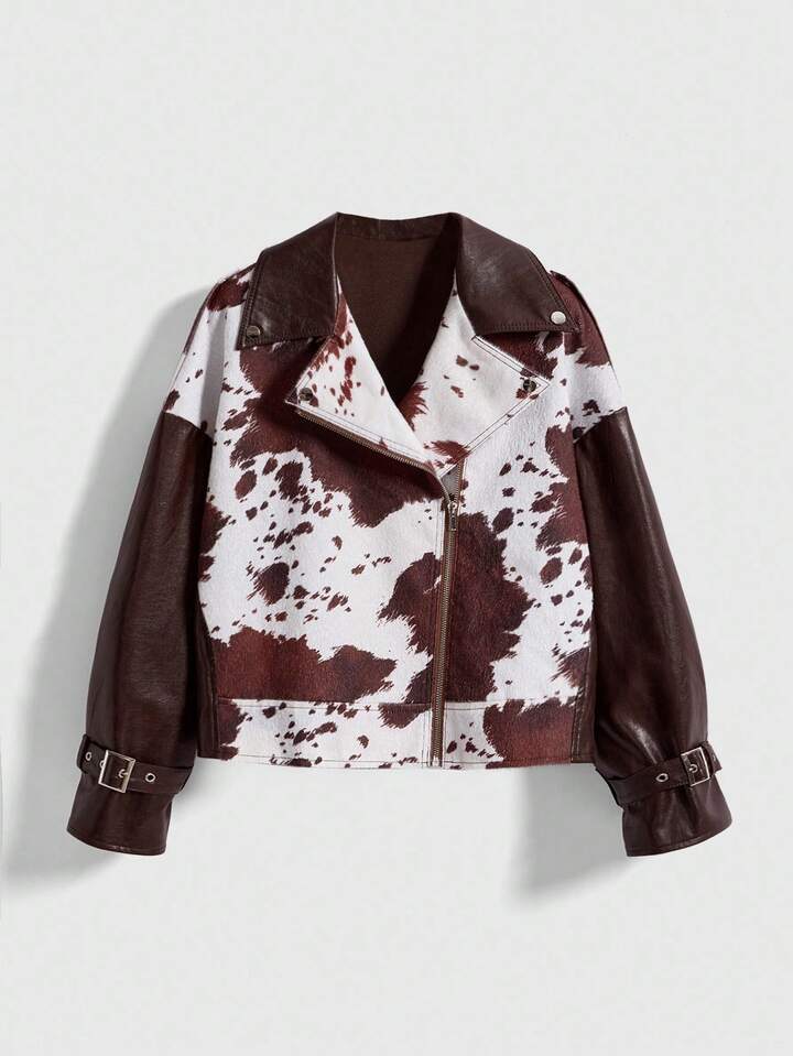 Hippie Y2K Retro Animal Print Faux Fur Patchwork Women Leather Jacket