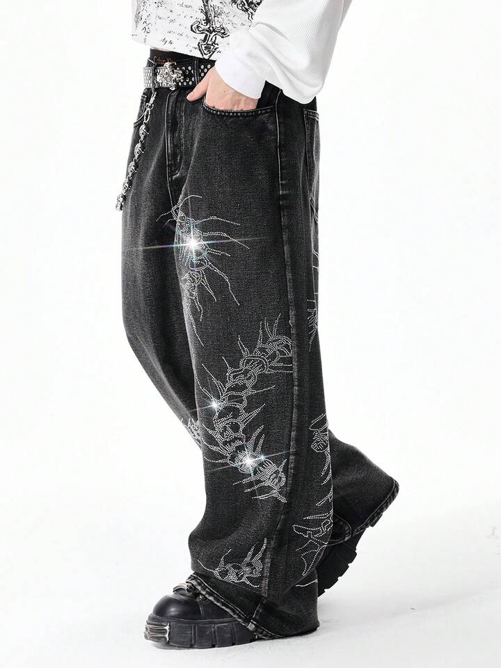 Street Life Men's Casual Washed Rhinestone Embellished Wide Leg Jeans