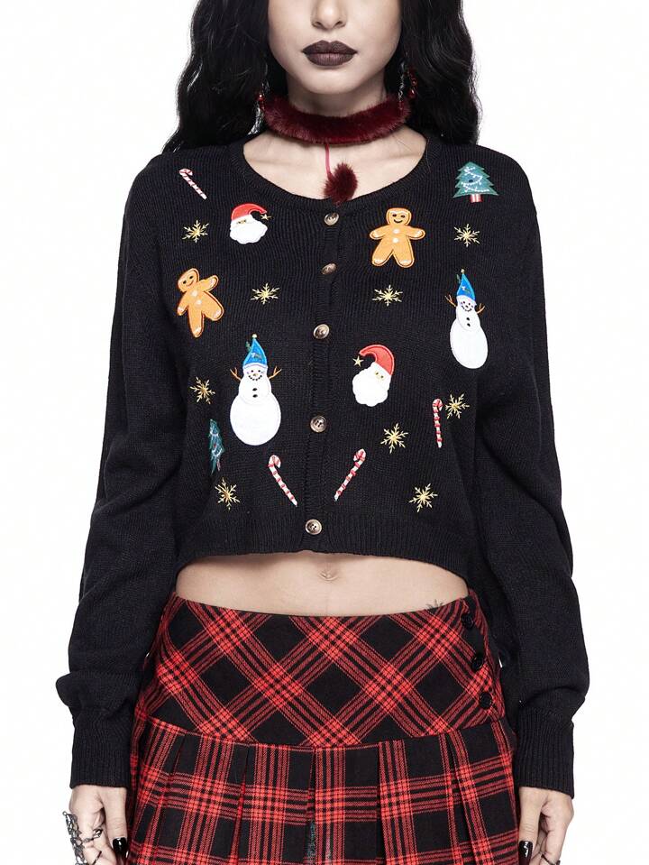 Christmas Gingerbread Embroidered Loose Short Cardigan Sweater For Women