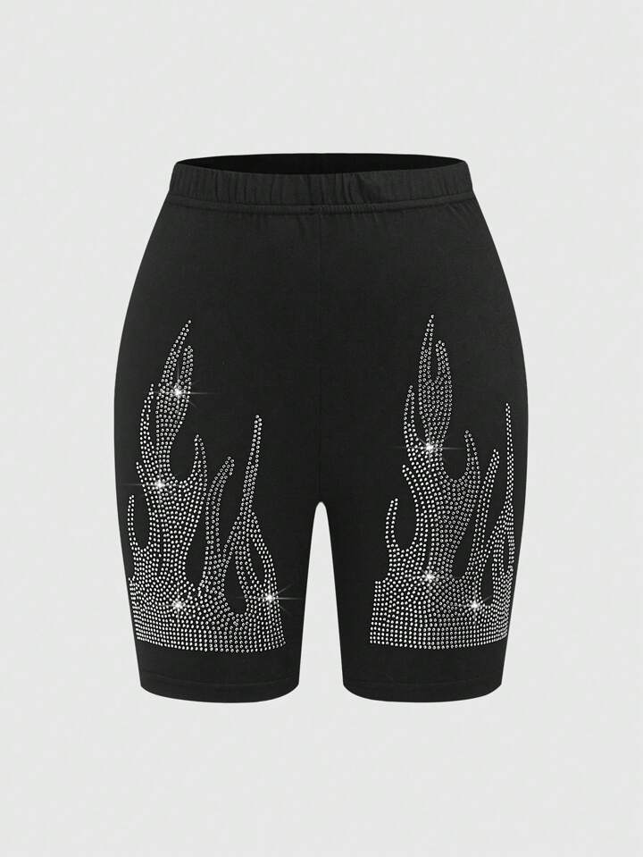 Street Life Flame Patterned Rhinestone Decoration Women'S Compression Cycling Leggings