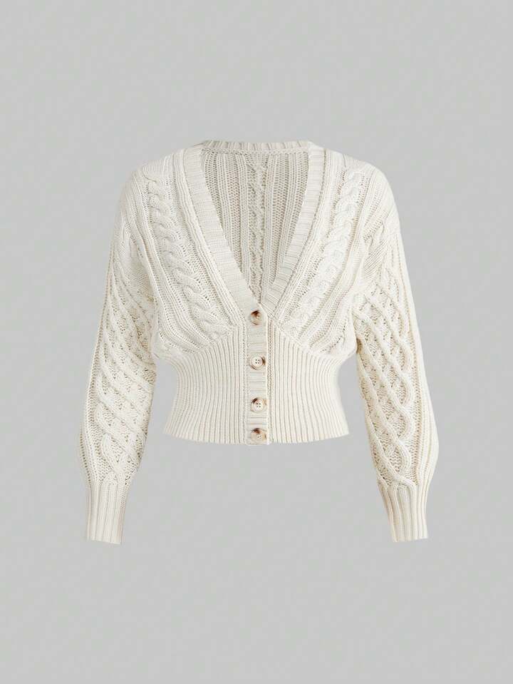 Women's Solid Color V-Neck Single-Breasted Cable Knit Cardigan, Fashionable & Versatile For Autumn/Winter