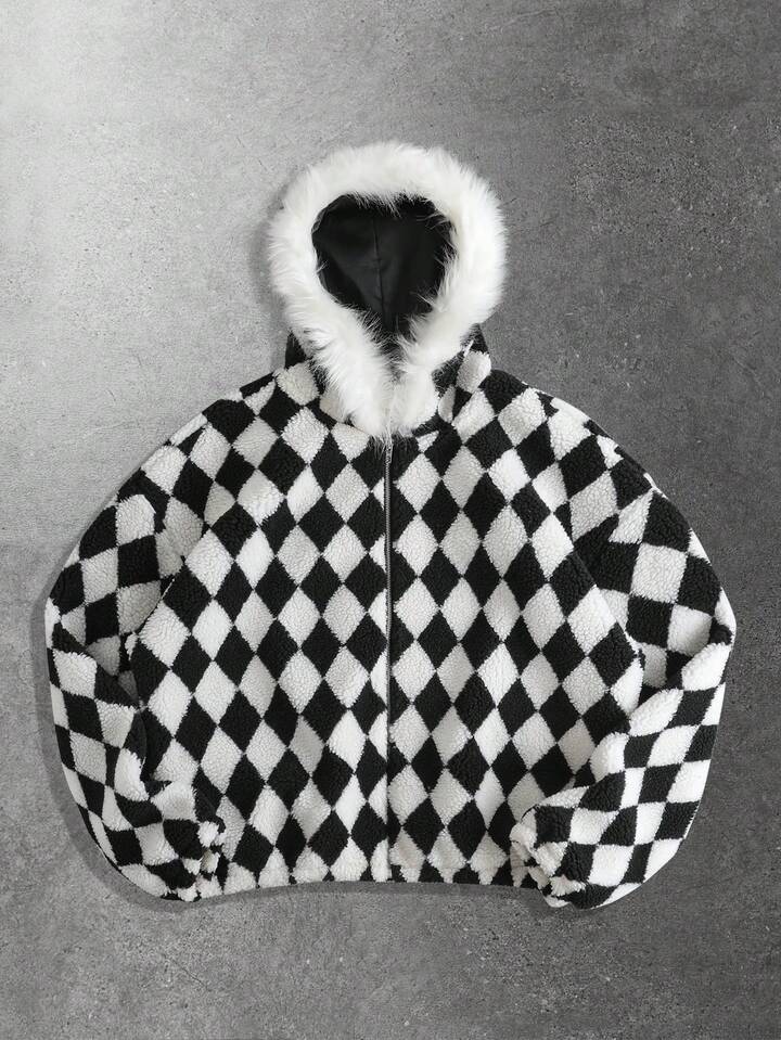 Men's Checkerboard Sherpa Jacket, Loose Fit