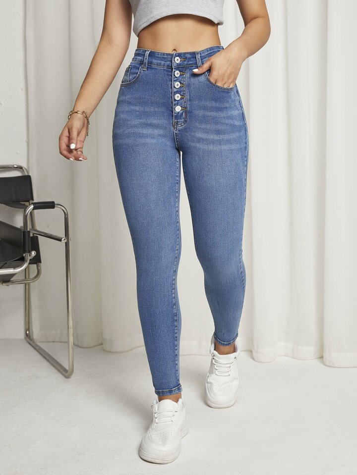Button Detail Skinny Jeans