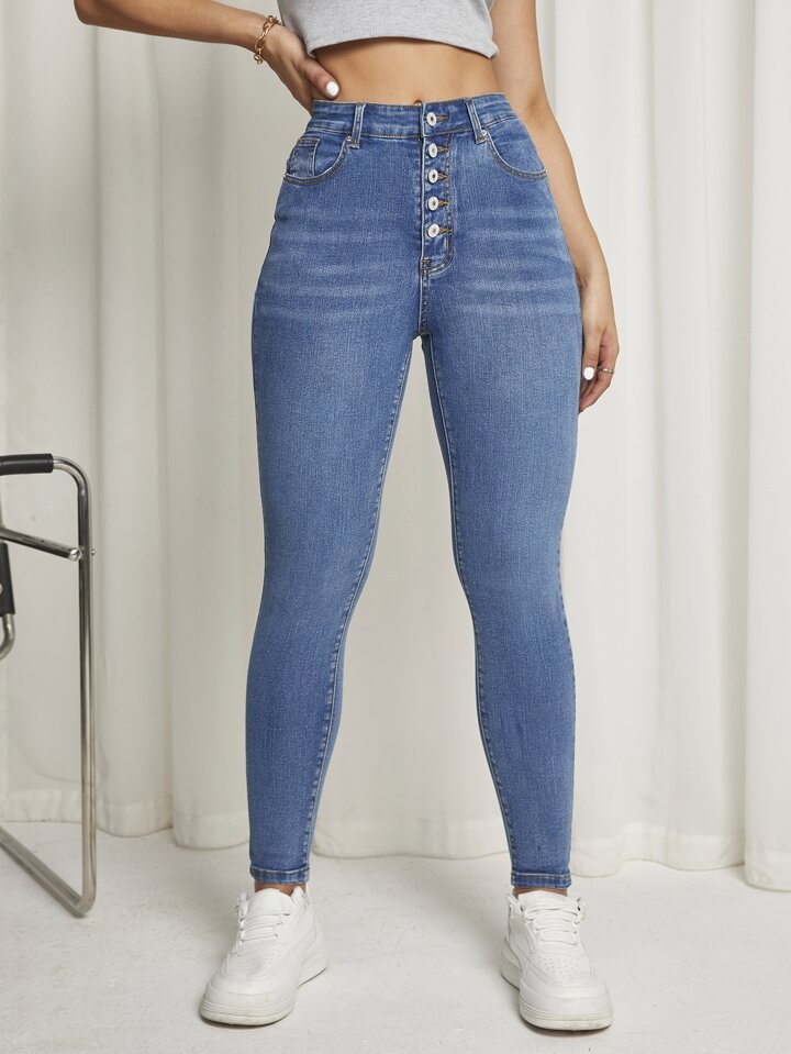 Button Detail Skinny Jeans