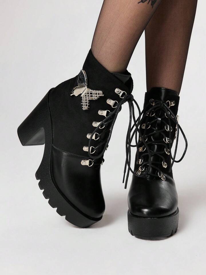 Kawaii Women's Gothic Style Round Toe Chunky Heel Platform Punk Boots, Suede & PU Leather Patchwork, Black High Heel Boots Suitable For Party, Daily Wear, Height Increasing And Leg Lengthening, Halloween