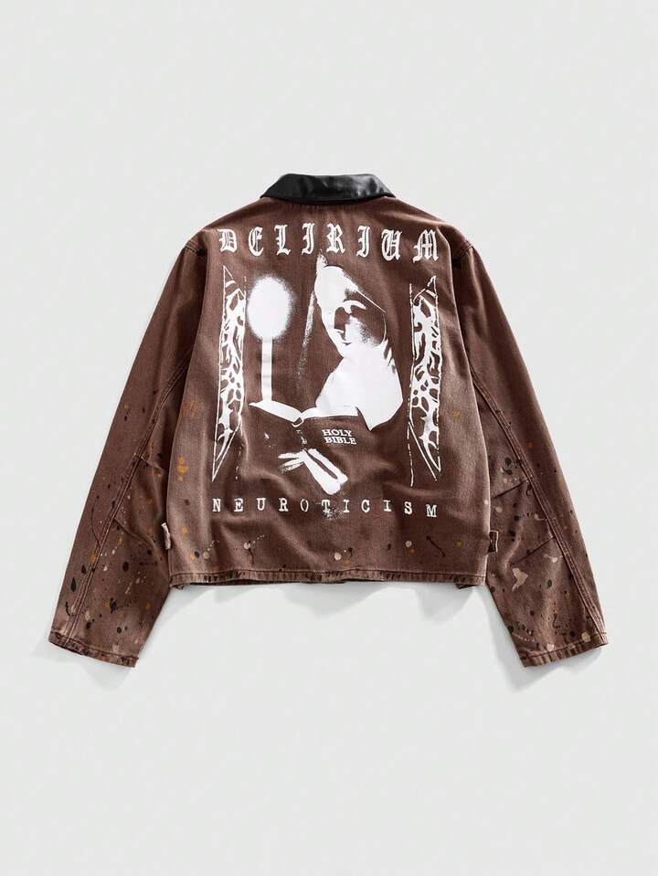 Men's Portrait Graphic Zip-Up Casual Denim Jacket