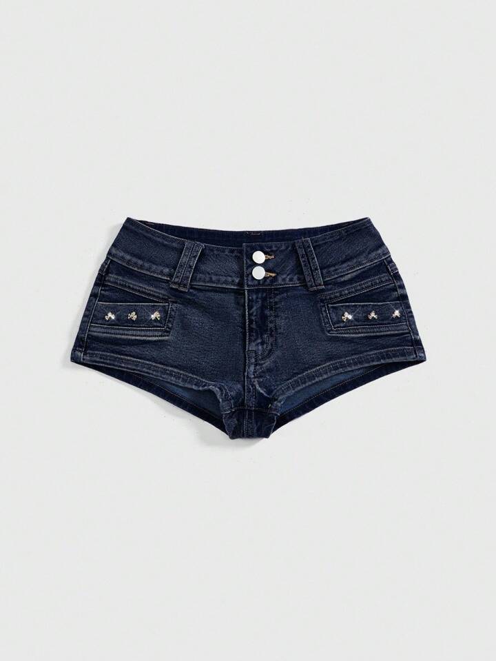 Low Rise Sexy Vintage Distressed Skull Studded Women's Kpop Super Low Waist Denim Shorts