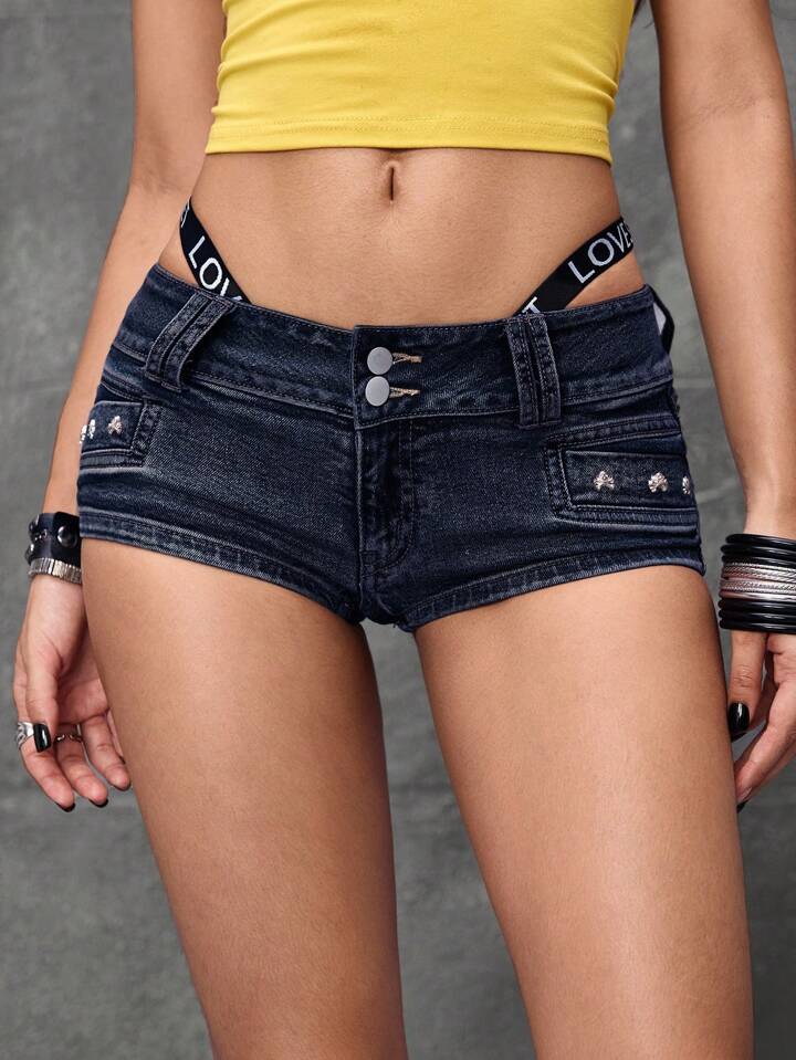 Low Rise Sexy Vintage Distressed Skull Studded Women's Kpop Super Low Waist Denim Shorts 5 Low Rise Sexy Vintage Distressed Skull Studded Women's Kpop Super Low Waist Denim Shorts