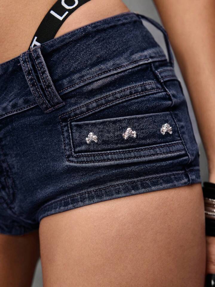 Low Rise Sexy Vintage Distressed Skull Studded Women's Kpop Super Low Waist Denim Shorts 7 Low Rise Sexy Vintage Distressed Skull Studded Women's Kpop Super Low Waist Denim Shorts