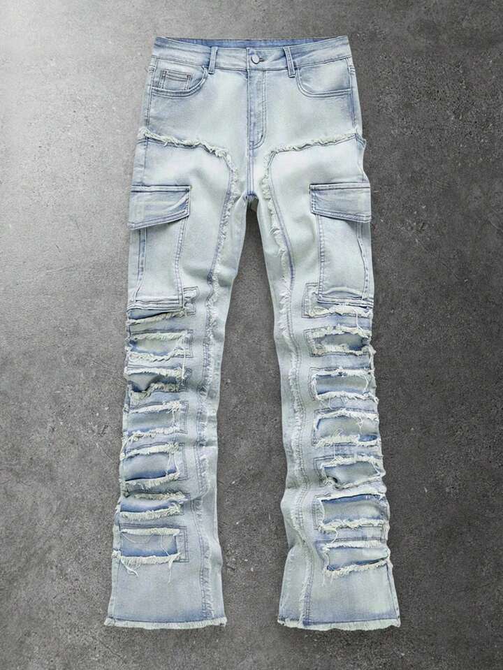 Casual Men's Fashion Street Washed Light Blue Distressed Natural Frayed Edge Layered Flap Pocket Flare Leg Cargo Jeans