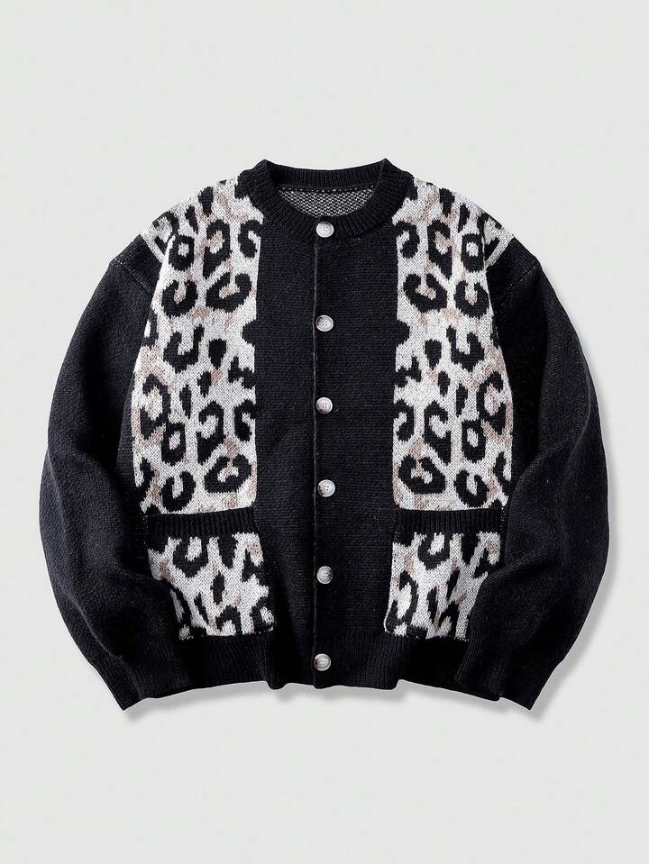 Men's Casual Leopard Print Jacquard Patchwork Cardigan Sweater, Autumn/Winter