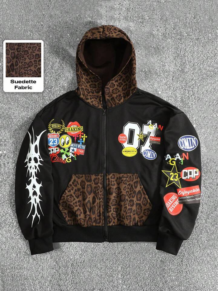Men's Leopard Print Contrast Color Hoodie, Retro Street Style
