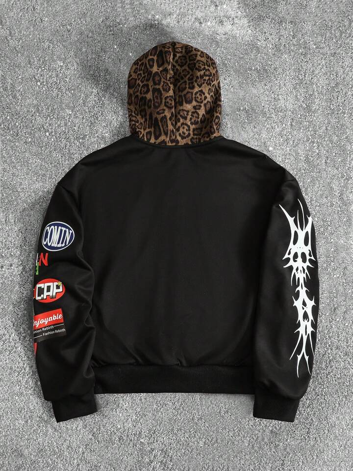Men's Leopard Print Contrast Color Hoodie, Retro Street Style
