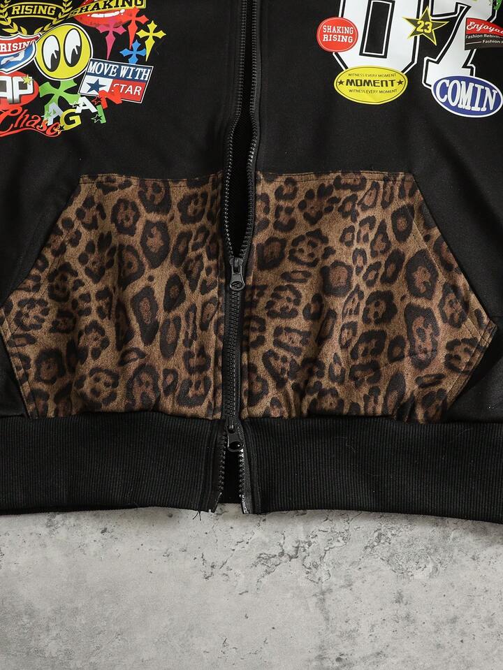 Men's Leopard Print Contrast Color Hoodie, Retro Street Style