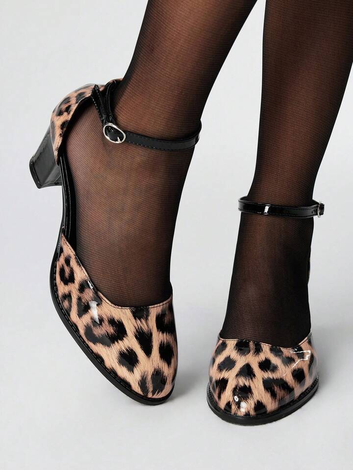 Grunge Punk Women's Fashion Brown Leopard Print High Chunky Heel Round Toe Hollow Out Pumps (Shoe Upper Floral Pattern Random)