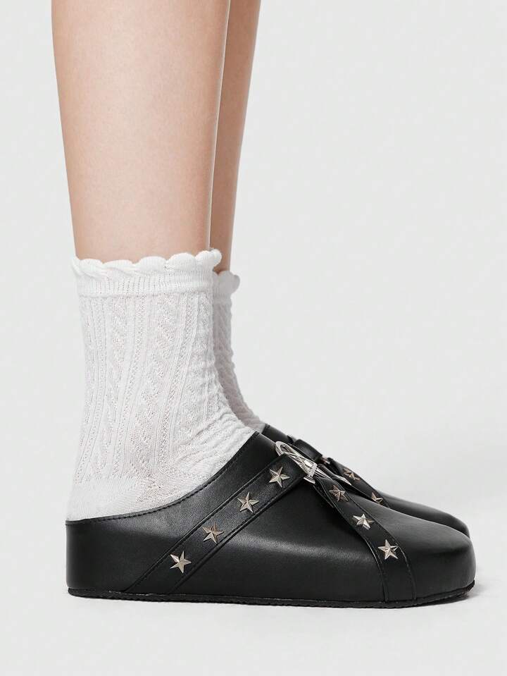Gothic Star Cutout Mule Shoes, Criss-Cross Strap, Round Toe, Platform Mary Jane Punk Rock Wedge Heeled Loafers For Women Spring Shoes Spring Break Easter, Halloween