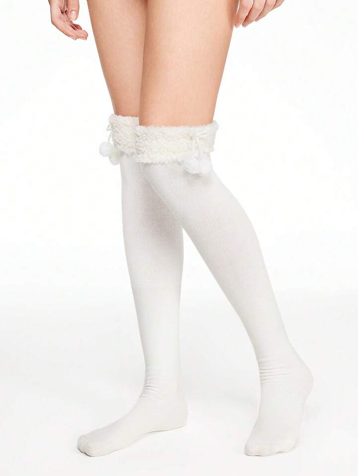 Kawaii Pom-Pom & Bow Decor Cuffed Warm Over The Knee Socks