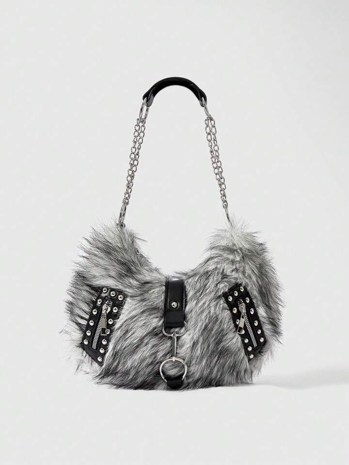 Grunge Punk Ladies, Women Shoulder Bag,Hobo Bag,Faux Fur,Fuzz,Plush Bag,Rivet,Fashionable,Personalized,Versatile,Street,Sweet And Cool Girls,Hot Girls,Punk,Y2k,Daily,Autumn And Winter(Random Pattern) , Y2k , Goth