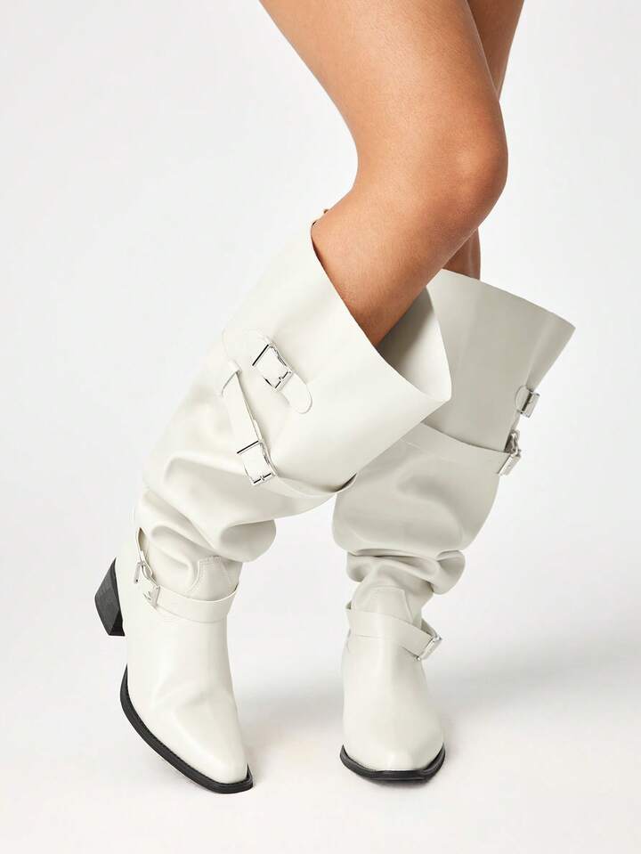 Goth 2025 New Fashion Pointed Toe Thick Heel PU Leather Buckle Strap Thigh High Boots, Suitable For Autumn/Winter
