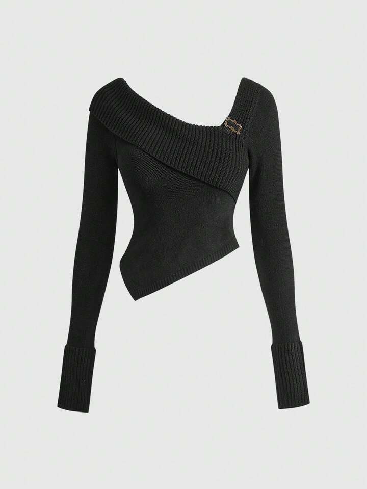 J-Fashion Women's Basic Oblique Shoulder Sexy Short Knit Sweater, Street Style Decor Button