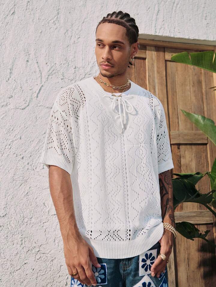 Casual Men's V-Neck Tie-Up Jacquard Semi-Hollow Knit Sweater, Vintage Vacation