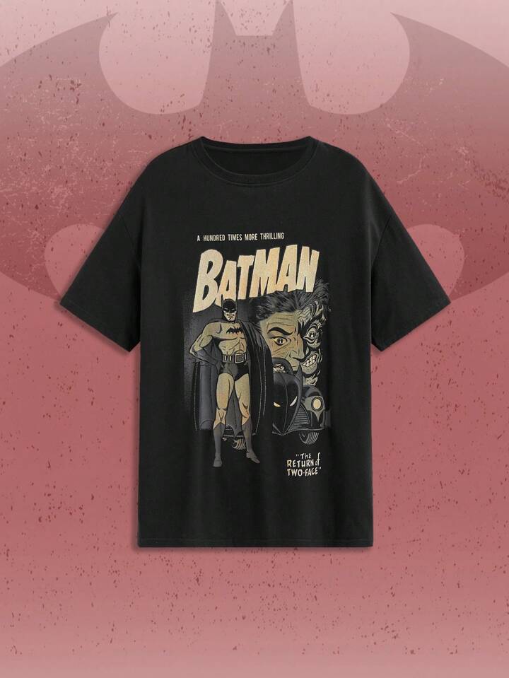 Batman X ROMWE Women Casual Loose Fit Cartoon Hero Character & Slogan Graphic Drop Shoulder Oversize T-Shirt, Summer Graphic Tee, Unisex