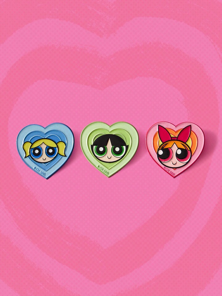 The Powerpuff Girls | ROMWE 3pcs Customized Cute Cartoon Figure Blossom, Bubbles, Buttercup Print Heart Shaped Badge Set For Clothing And Bag Accessories, Unisex, Valentines,Mom,Mother,Mother's Day,Gift