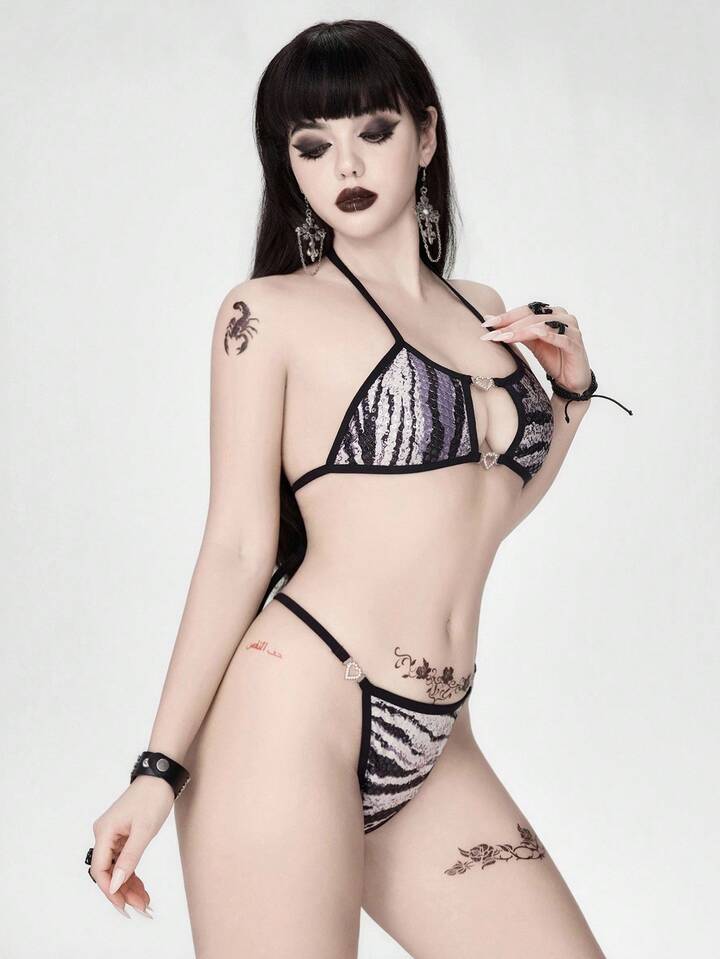 Grunge Punk Punk Zebra Print Heart Metal Buckle Choker Bralette & Thong Lingerie Set, Sexy 5 Grunge Punk Punk Zebra Print Heart Metal Buckle Choker Bralette & Thong Lingerie Set, Sexy