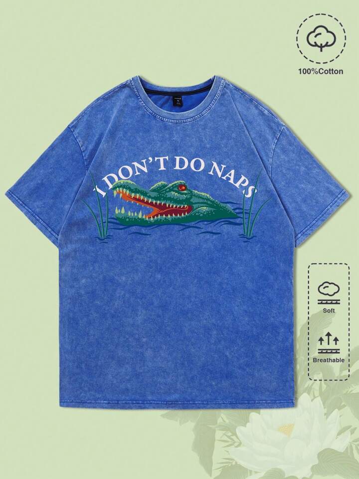 The White Lotus Men''s Street Life Washed Crocodile Graphic Print Blue Short Sleeve T-Shirt, Summer Fashion Casual