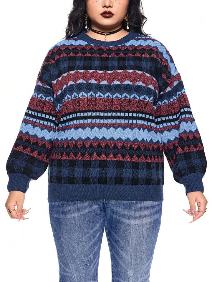 Fairycore Plus Size Grandma Graphic Loose Fit Pullover Sweater, Multi-Color