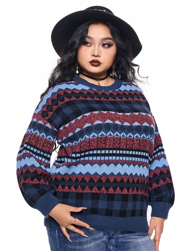 Fairycore Plus Size Grandma Graphic Loose Fit Pullover Sweater, Multi-Color