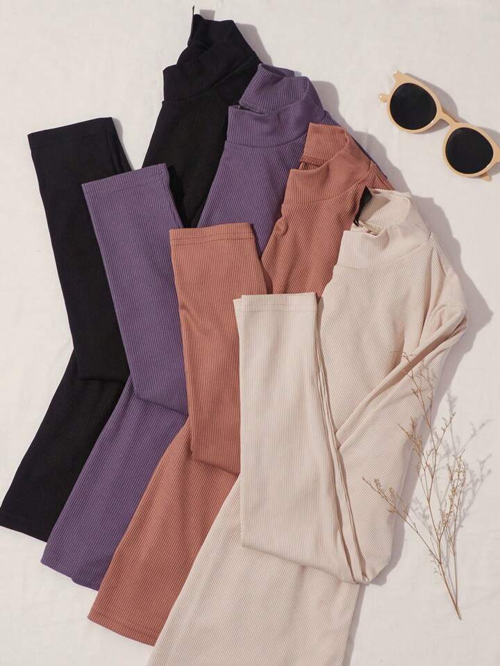 4pcs Ribbed Knit Mock Neck Tee Fall Cloth For Women