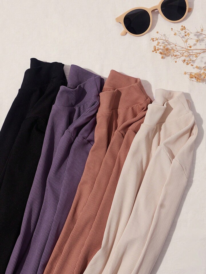 4pcs Ribbed Knit Mock Neck Tee Fall Cloth For Women