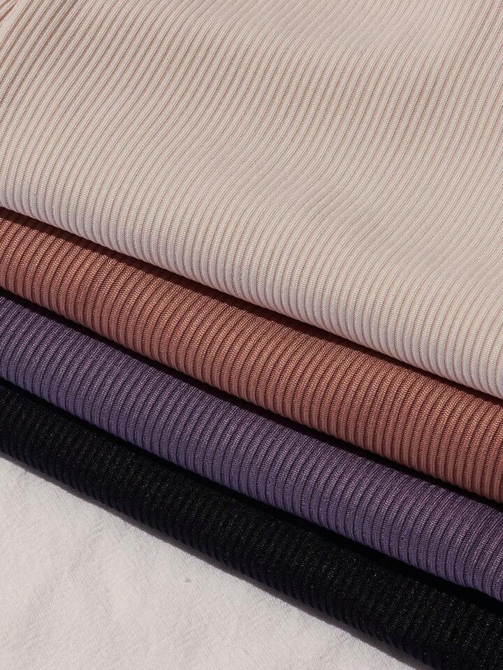 4pcs Ribbed Knit Mock Neck Tee Fall Cloth For Women