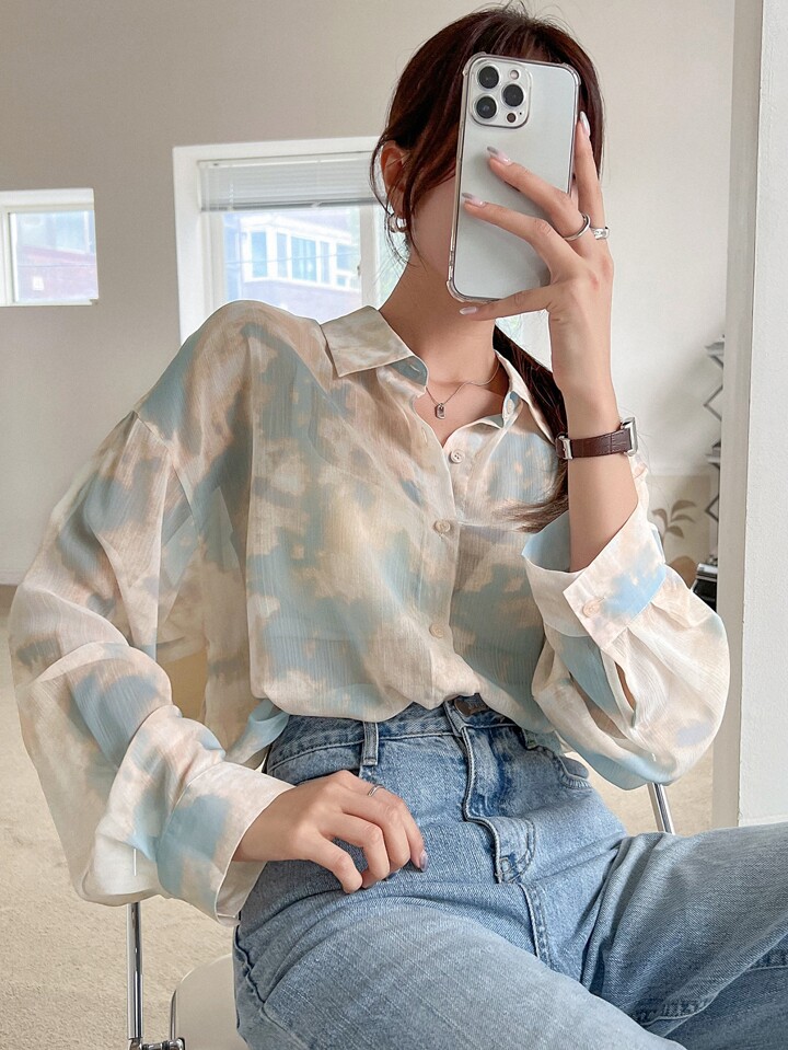 Tie Dye Drop Shoulder Shirt,Fall Clothes Long Sleeve Top Graphic Tee