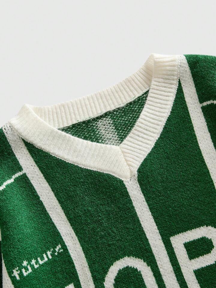 Men's V-Neck Preppy Soccer Inspired Knit Sweater, Winter