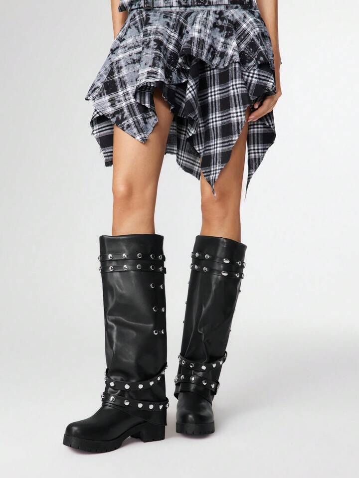 Black Knee-High Thick Sole Round Toe Slip-On Comfortable Versatile Women Boots For Christmas