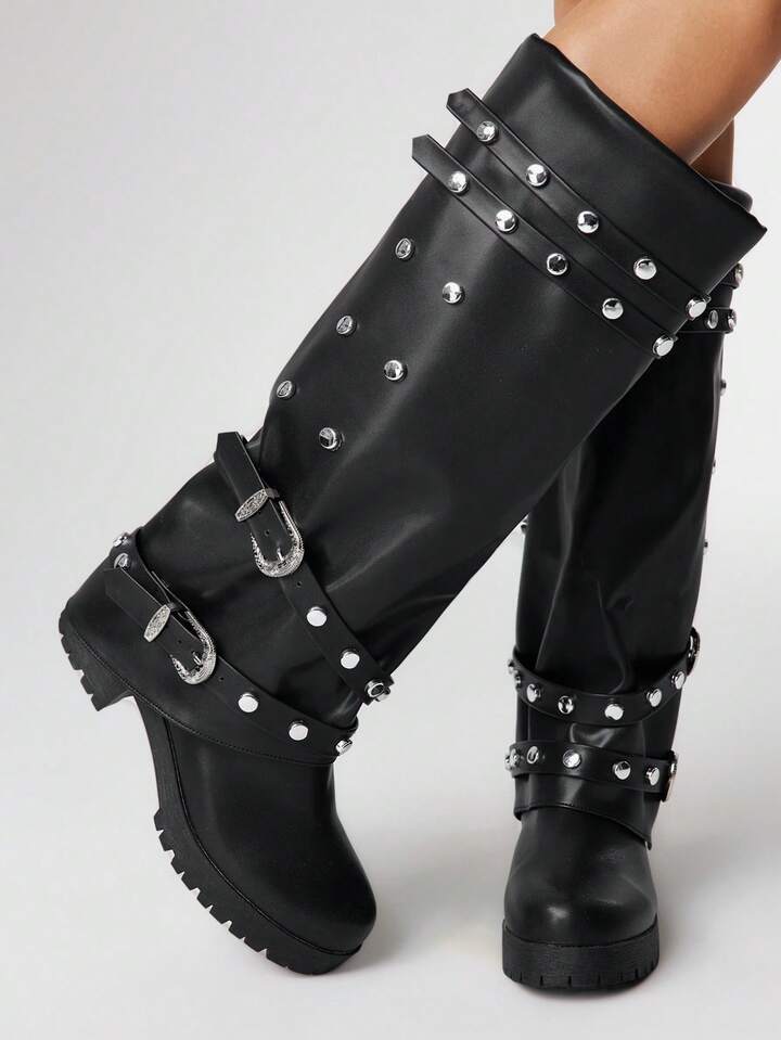 Black Knee-High Thick Sole Round Toe Slip-On Comfortable Versatile Women Boots For Christmas