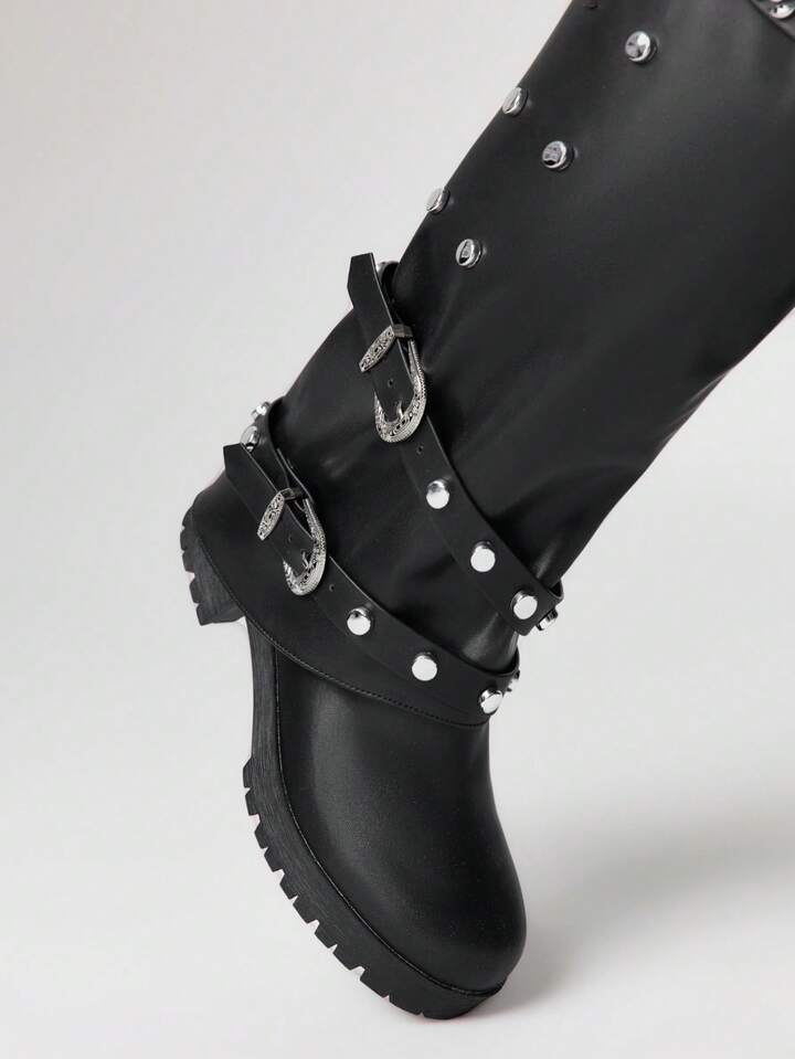 Black Knee-High Thick Sole Round Toe Slip-On Comfortable Versatile Women Boots For Christmas