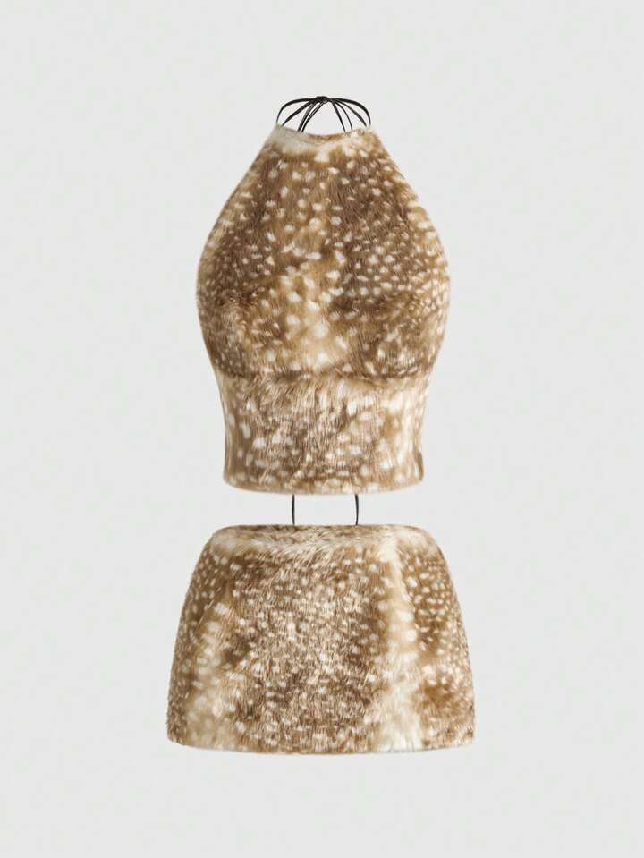 Sexy Fawn Spotted Fluffy Bikini Top & Super Low-Rise Mini Skirt 2 Pieces Set